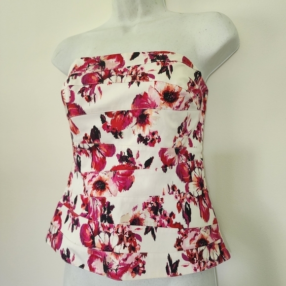 White House Black Market Pink and Red Cottage Floral Print Pleated Corset Sz 4 - Picture 5 of 12